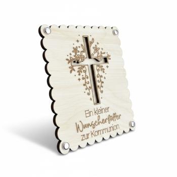 Holzkarte zur Konfirmation oder Kommunion mit eingelegtem Geldschein als Geschenkidee.